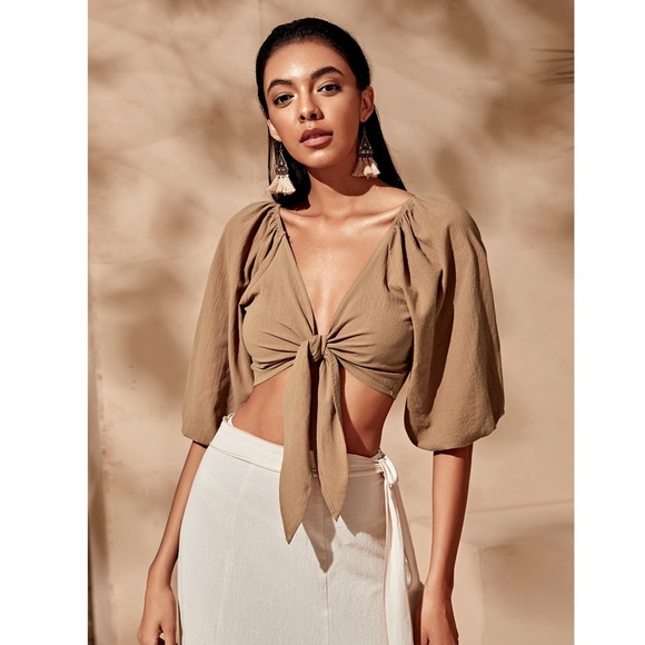 Tie Front Khaki Crop Top - Picture 2 of 6